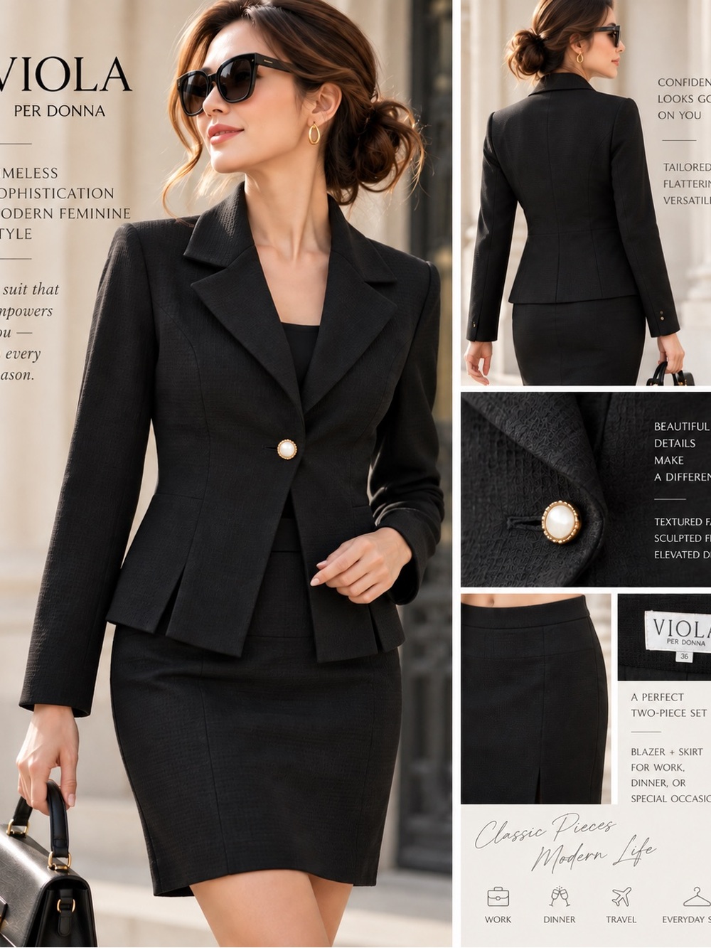 VIOLA Per Donna Black Sculpted Blazer Skirt Suit Set Size 36